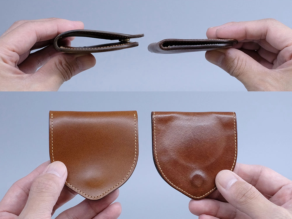 使い始めは革にハリがあり、「これに本当に小銭が入るのかな」と感じる方もいらっしゃいます。ですが、使い込むうちに革が柔らかくなり、収納量も増えていきます。<br>
普段10枚程度しか持ち歩かない方と、30枚近く入れる方とでは、同じUndoでも馴染み方が変わってきます。自分の使い方に合った形に育っていく。それがUndoの面白さのひとつです。
