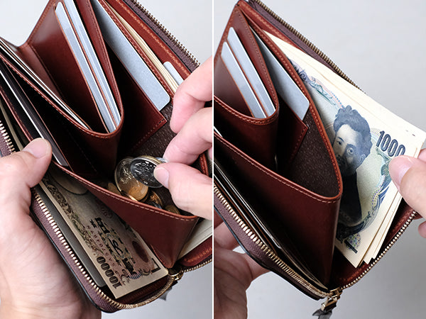 財布の向きを変える事なく、紙幣、小銭、カード、全てにアクセスしやすくなっています。
小銭入れの左右に紙幣を折らずに差し込めます。