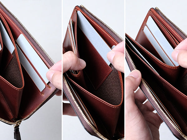 カードポケットは札入れの脇に4箇所、小銭入れの内側に2箇所、小銭入れの背面部分に4箇所、計10箇所あります。